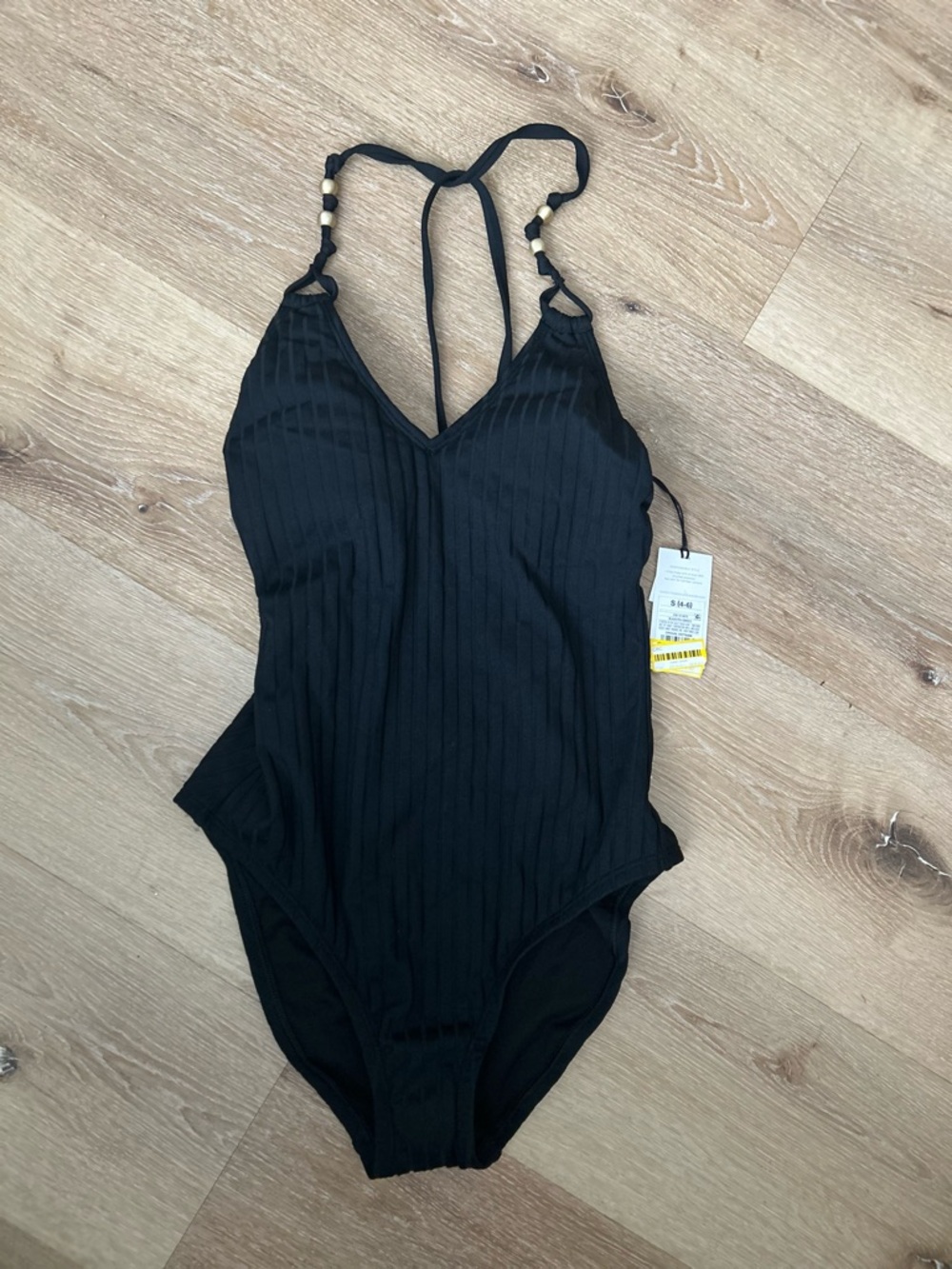 Shade & Shore Black Ribbed Women's One-Piece Swimsuit with Beaded Straps